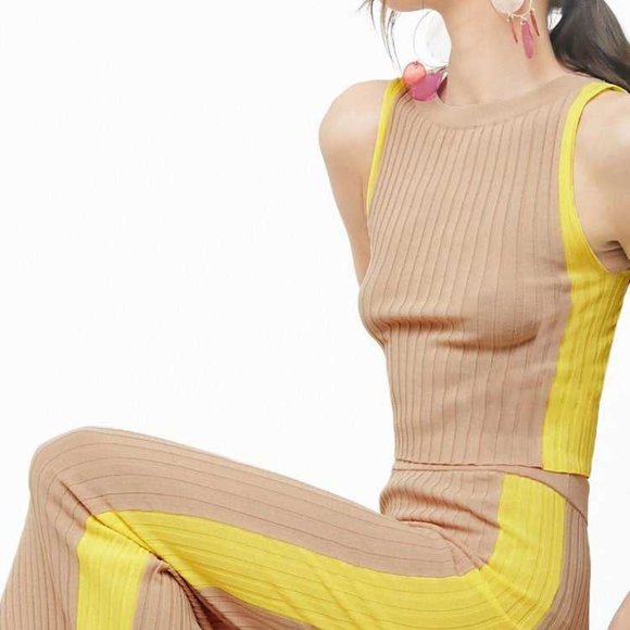Tops - Side-Striped Ribbed Tank Top Beige/Yellow
